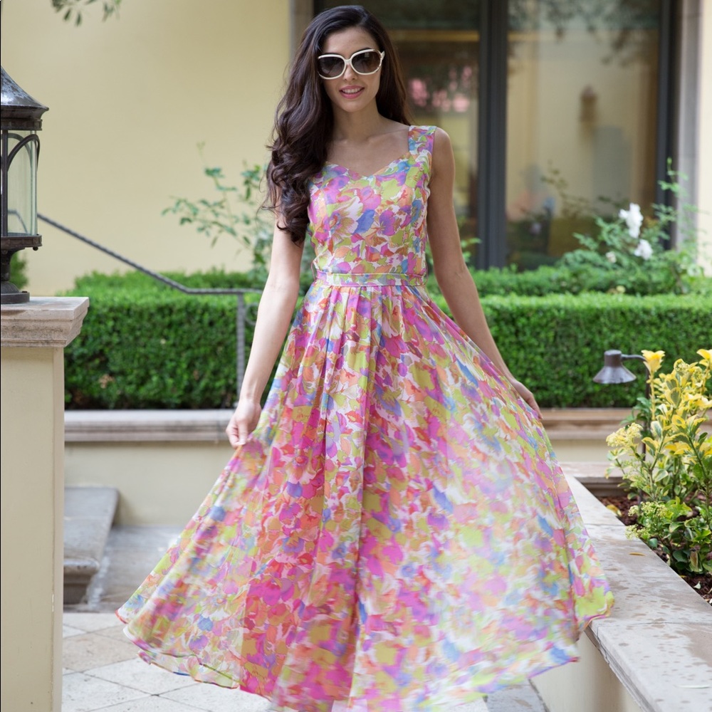 Pink floral silk maxi dress